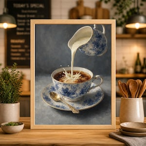 Impression d'art vintage floral bleu tasse de thé, affiche de cuisine crème à verser