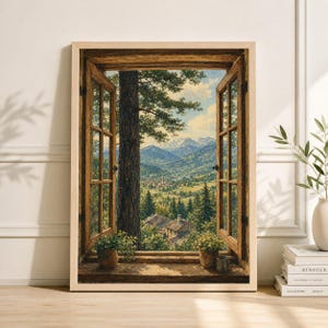 May include: A framed artwork depicting a scenic view through an open window. The painting showcases a lush green valley, mountains, and a clear blue sky. The window frame is made of wood, and small potted plants sit on the windowsill.