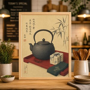 Può includere: Opera d'arte incorniciata con una teiera in ghisa nera su un vassoio rosso, con una confezione regalo e un panno verde scuro. Lo sfondo è beige con illustrazioni di bambù e testo giapponese. L'opera è in una cornice di legno.