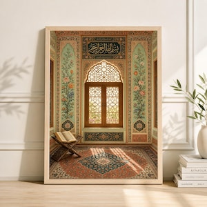 May include: A framed print depicting an ornate interior with floral wall designs, a patterned rug, and a wooden window. An open book rests on a wooden stand. The walls feature Arabic calligraphy.