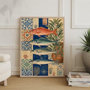 Boho Fish Collage Poster, Mediterranean Coastal Ocean Wall Art, Vintage Tile Print