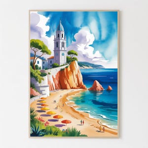May include: Watercolor painting of a coastal scene with a beach, cliffs, and a church. The beach features yellow and orange umbrellas, and the water is a vibrant blue. A white church with a clock tower sits atop a cliff.