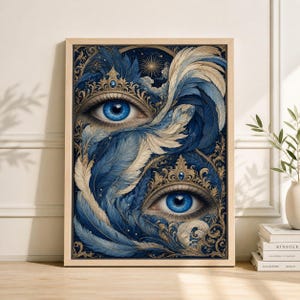 Surrealistiskt ögonkonsttryck, blå och guld mystisk illustration