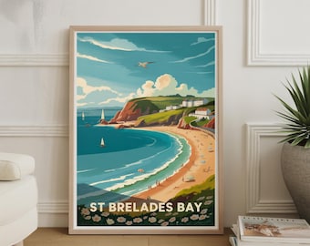 Póster de viaje de Jersey, bahía de St. Brelades: Impresión artística de la costa escénica