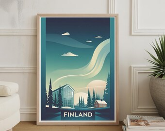 May include: Framed art print featuring a stylized landscape of Finland. The artwork depicts a modern building, a small cabin, and evergreen trees under a gradient sky. The word "FINLAND" is printed at the bottom in white.