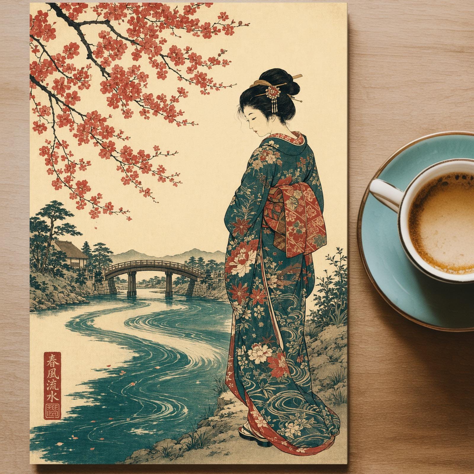 Japanese Geisha Riverside Poster, Red Cherry Blossom Branch