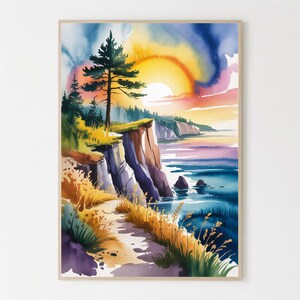 May include: Watercolor landscape art print featuring a coastal scene with a vibrant sunset. The artwork showcases a path along a cliff, with a tree and colorful sky. The color palette includes blues, yellows, and purples, creating a serene and natural aesthetic.