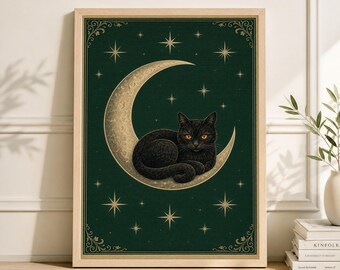 Black Cat Moon Print, Japanese Zen Celestial Art Poster