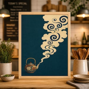 Japanische Teekanne Kunstdruck, minimalistisches Zen Teal Küchendekor
