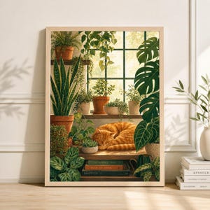 May include: A framed print featuring a cozy scene of a ginger cat sleeping on a wooden shelf surrounded by potted plants. The artwork includes a variety of greenery, terracotta pots, and books, creating a tranquil, indoor garden aesthetic.