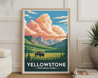May include: A framed art print featuring a stylized landscape of Yellowstone National Park. The artwork depicts a bison in a green meadow, mountains, and a dramatic sky with peach-colored clouds. The text "YELLOWSTONE - NATIONAL PARK" is at the bottom.