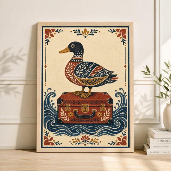 Vintage Traveling Duck Poster, Folk Art Bird Wall Print - Etsy