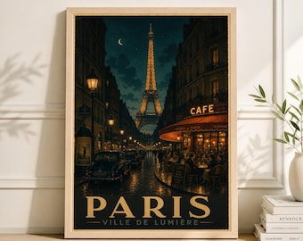 Póster de la cafetería de la Torre Eiffel de París, lámina decorativa para pared con diseño de ciudad nocturna en tonos azul verdoso.