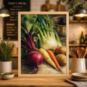 May include: A framed still life painting featuring a vibrant assortment of fresh vegetables. The artwork showcases a deep red beet, yellow and orange carrots, potatoes, and fennel with green leaves. The painting is set in a kitchen setting.