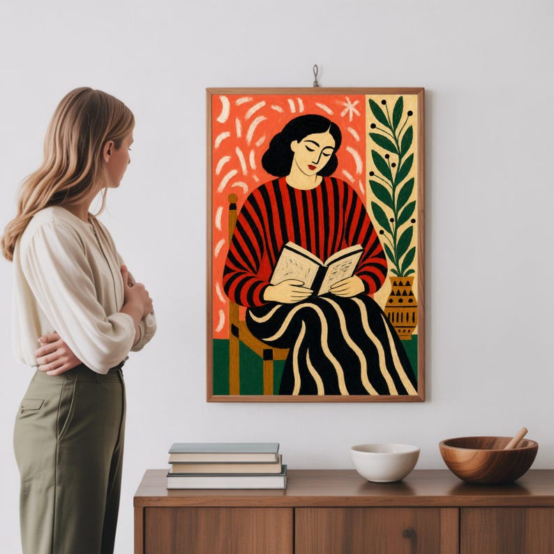 Woman Reading Book Art Print, 70s Retro Poster, Expressionist Figurative Wall Decor image 3