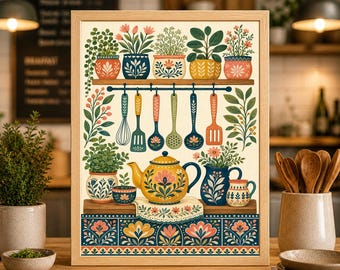 Lámina de arte popular para cocina, decoración floral caprichosa para estantes, arte bohemio escandinavo.