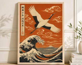 Japanese Crane Poster, Bold Orange Wave Illustration, Woodblock Art Style