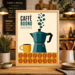 May include: A framed art print featuring a teal coffee maker, a yellow mug, and coffee beans. The words "CAFFÈ BUONO" are at the top, with "BUONA GIORNATA" below. The print has a light beige background and a brown border.