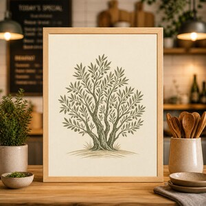 Könnte beinhalten: Gerahmter Druck mit einer detaillierten Illustration eines Olivenbaums. Das Kunstwerk ist in einer neutralen Farbpalette gehalten, wobei der Baum in Grün- und Brauntönen vor einem cremefarbenen Hintergrund dargestellt ist. Der Holzrahmen verleiht einen natürlichen Touch.