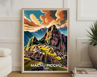 May include: A framed art print featuring a stylized illustration of Machu Picchu, Peru. The artwork showcases the ancient city with a mountain backdrop, under a sky of orange and blue hues. The text "MACHU PICCHU PERU" is displayed at the bottom.