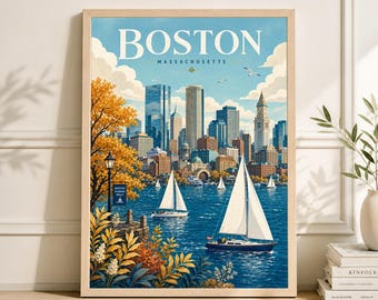 Lámina artística del horizonte de Boston, póster de viaje del puerto de Massachusetts