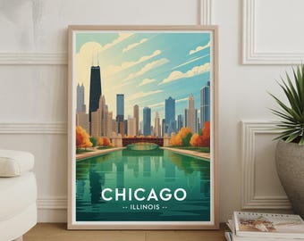 Impressão artística do horizonte de Chicago: pôster de viagem com paisagem urbana de Illinois