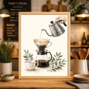 May include: Watercolor print of coffee being brewed. A hand pours water from a silver kettle into a pour-over coffee maker. A white coffee cup and green leaves are also in the image. The print is in a wooden frame.
