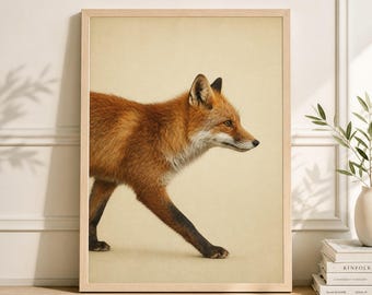 Lámina con ilustración vintage de un zorro rojo, decoración rústica de estilo granja con animales salvajes.