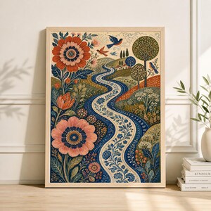 Mediterranean Floral Collage Print, Boho Tile Wall Art, Folk Art Landscape Poster