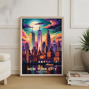 May include: A framed art print of the New York City skyline at night. The illustration features a colorful depiction of skyscrapers, a full moon, and a river with a boat. The text "NEW YORK CITY" is displayed at the bottom.