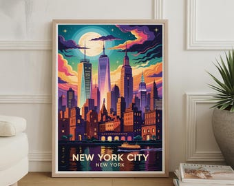 Póster del horizonte de Nueva York: Vista nocturna del paisaje urbano de Manhattan