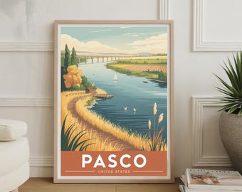 Póster de viaje de estilo vintage de Pasco, Estados Unidos: lugares emblemáticos y atracciones locales icónicas para la decoración del hogar.
