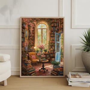 Puede incluir: Una impresión enmarcada de una acogedora escena de biblioteca. La obra de arte representa una habitación llena de estanterías, una pequeña mesa y un sillón. La habitación está bañada por la cálida luz de una gran ventana y una puerta azul, con flores rosas y libros.
