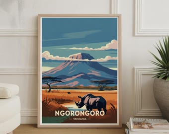 Ngorongoro Crater Travel Poster, Tanzania Wall Art, African Safari Decor, Adventure Tourism Artwork