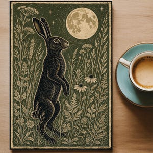 Hare in Moonlit Meadow Poster, Japanese Woodblock Art Print, Linocut Woodland Wall Decor image 7