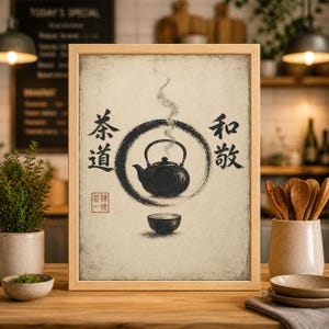 Japansk tekanna konsttryck, Sumi-e teaffisch, zen köksdekor, teälskare gåva