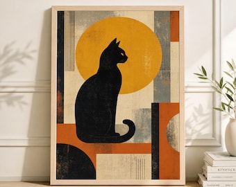 Black Cat Silhouette Poster, Modern Golden Sun Art Print, Vintage Abstract Wall Decor