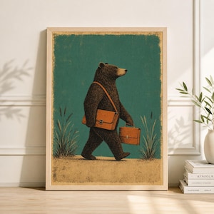 May include: A framed art print depicts a brown bear walking with a briefcase and messenger bag. The bear is set against a teal background with a beige path and tall grass. The art has a vintage, illustrated style.