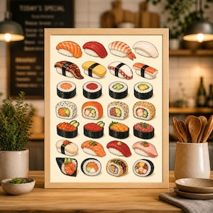 Puede incluir: Una impresión enmarcada que presenta una colorida ilustración de varios sushi y rollos maki. La obra de arte muestra una variedad de sushi, incluyendo nigiri con salmón, camarones y otros ingredientes, así como diferentes tipos de rollos maki.
