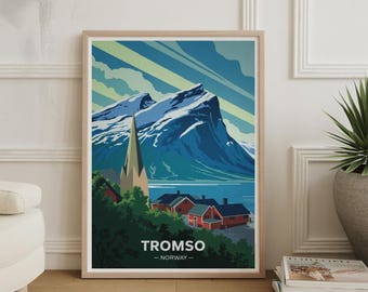 Póster de viaje de Tromso, Noruega: Auroras boreales, Catedral Ártica y arte retro de los fiordos.