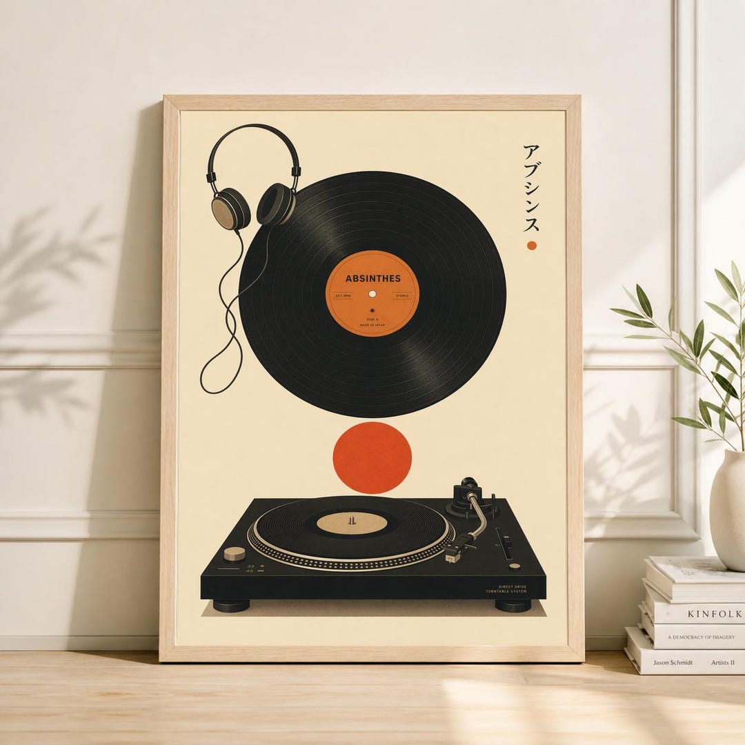 Japanese Vinyl Record Player Poster, Mid Century Modern Turntable