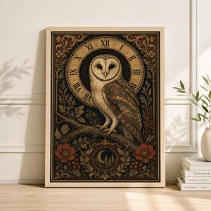 May include: A framed art print featuring a detailed illustration of a barn owl perched on a branch. The owl is set against a backdrop of a clock face and floral elements, with a color palette of brown, black, and cream.