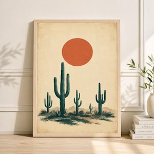 Desert Cactus Print, Minimalist Japanese Landscape Wall Art, Boho Western Decor