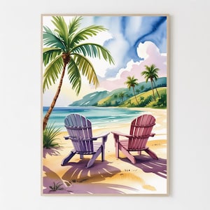 Puede incluir: Pintura a la acuarela de una escena de playa tropical. Dos sillas Adirondack, una morada y otra rosa, están en la arena. Palmeras, océano azul y un cielo nublado completan el paisaje idílico. La obra de arte está enmarcada.
