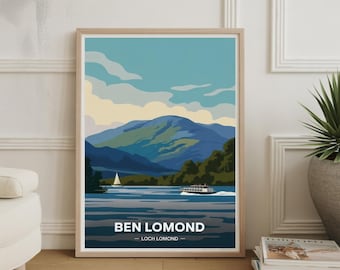Póster del paisaje de Ben Lomond y los Trossachs: arte de viaje al Parque Nacional Escocés, idea de decoración de aventuras