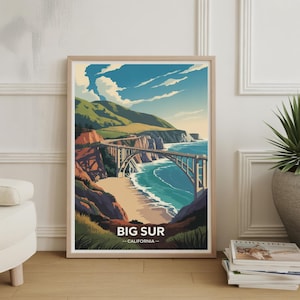 Op de afbeelding: Ingelijste kunstdruk met een schilderachtig uitzicht op Big Sur, Californië. Het kunstwerk toont een brug over een kustlijn met een strand, bergen en een blauwe oceaan. De print heeft een licht houten frame en de tekst "BIG SUR - CALIFORNIA".