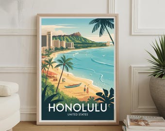 Vintage Style Honolulu Travel Poster, Iconic Beaches, Tropical Vibes Wall Art