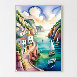 Vintage Cornwall Watercolor Painting - Port Isaac Seaside Art