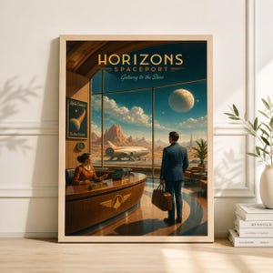 May include: A framed art print featuring a retro-futuristic spaceport scene. The artwork showcases a man in a suit looking out a large window at a spaceship and a distant planet. The words "HORIZONS SPACEPORT" are displayed at the top.