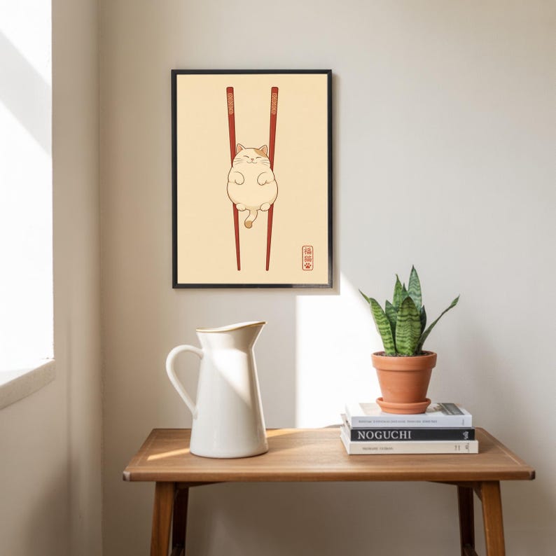 Lámina artística de gato japonés, decoración de pared minimalista zen, póster de palillos con gato imagen 3